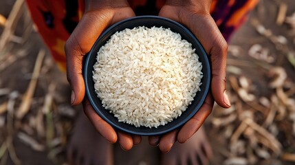Close-up of hands holding a bowl of rice, symbolizing global solidarity and the fight to eradicate hunger on World Food Day.