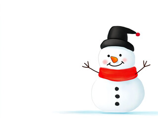 cheerful snowman with black hat and red scarf stands against white background