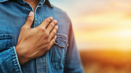 person in denim shirt places hand over their heart, symbolizing sincerity and emotion