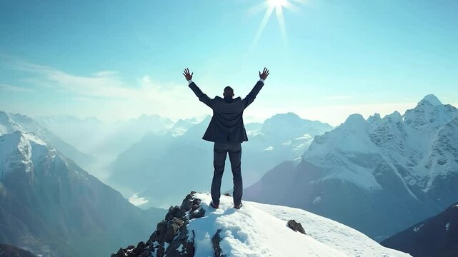 Businessman Standing on Mountain Peak with Arms Raised in Victory