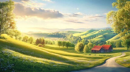 Naklejka premium Rolling green hills with a small house and a winding road under a beautiful blue sky.
