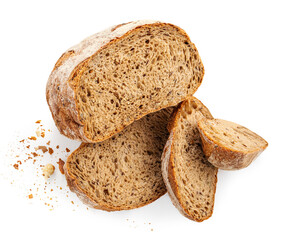 Cutting slices of wholegrain wheat bread with crumbs  isolated on white background. Rye, wheat toast bread pieces collection top view, flat lay..