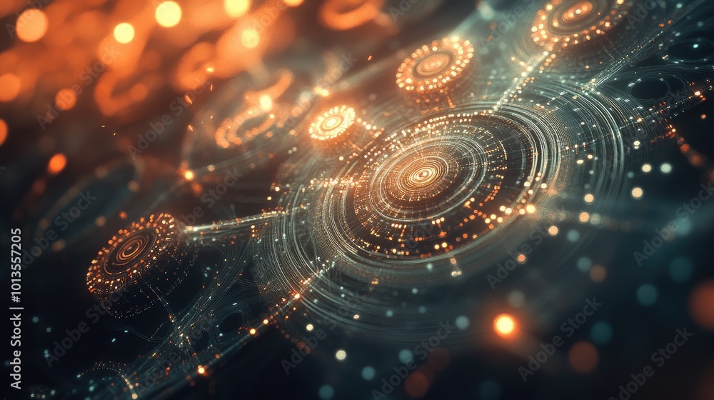 Poster high-resolution abstract tech design with interconnected nodes and circuit-like patterns, symbolizin