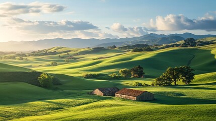 Rolling hills in a lush green valley with two wooden farmhouses under a bright blue sky with fluffy clouds.
