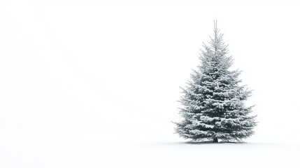 A lone pine tree stands in a white snowy field, covered in snow, against a plain white background. The tree is evenly snow-dusted, evoking a sense of winter calm and serenity