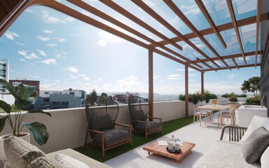 Terraza BBQ en edificio con pergola y patio vista a la ciudad, 3d render