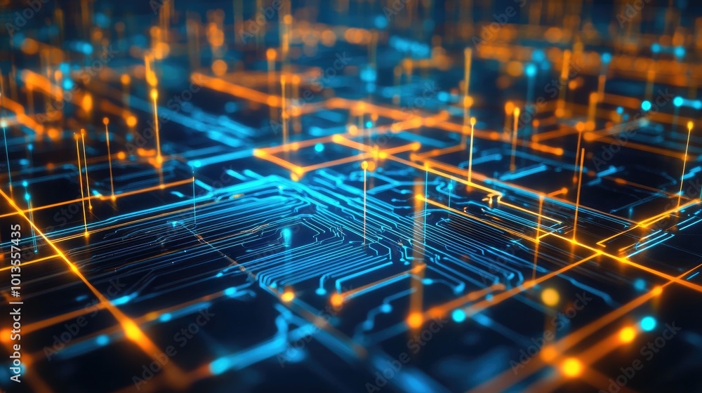 Poster intertwining neon digital lines creating a high-tech circuit board, representing advanced technology