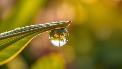 Fototapeta premium Imagine a macro photograph of a single dewdrop delicately hanging from the edge of a soft, velvety leaf. 