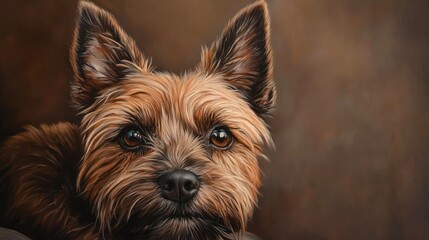 Naklejka premium A close-up portrait of a Yorkshire Terrier with attentive ears and shining eyes against a blurred brown background, showcasing the dog's detailed fur texture.