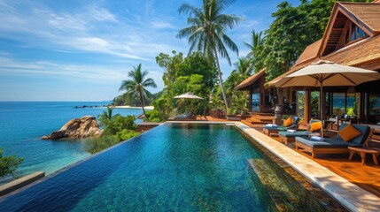 Oceanfront Villa Paradise: A luxurious pool villa located right by the beach, with spacious outdoor living areas, infinity pool, and elegant interiors.