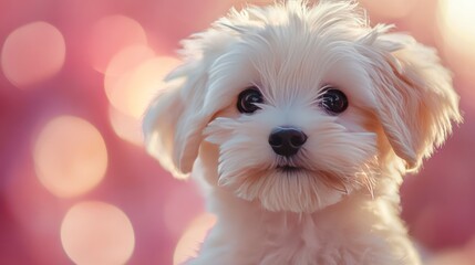 A fluffy white puppy with dark eyes and a black nose against a soft pink bokeh background, looking adorable and inquisitive.