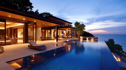 Oceanfront Villa Paradise: A luxurious pool villa located right by the beach, with spacious outdoor living areas, infinity pool, and elegant interiors.