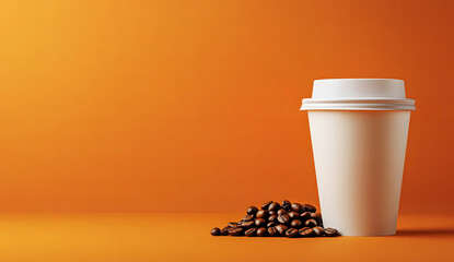 Minimalistic White Disposable Coffee Cup on a Bright Orange Background with Coffee Beans - Perfect for Takeaway Branding and Drink mockup design