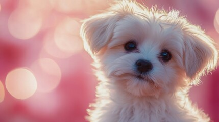 A cute small white fluffy dog with a whimsical expression against a soft pink and red bokeh background, creating a dreamy and sweet atmosphere.