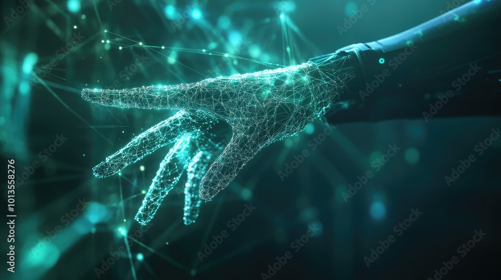 Poster a digital hand reaching out to touch a glowing network of data points, representing interaction with