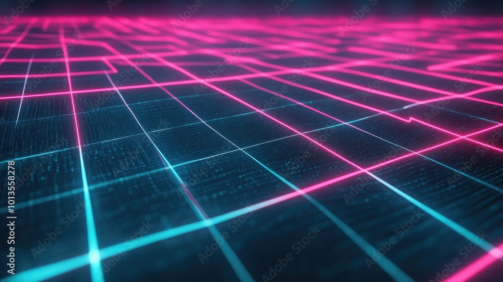 Poster a digital grid with neon lines crisscrossing, illustrating the connection of technology systems and 