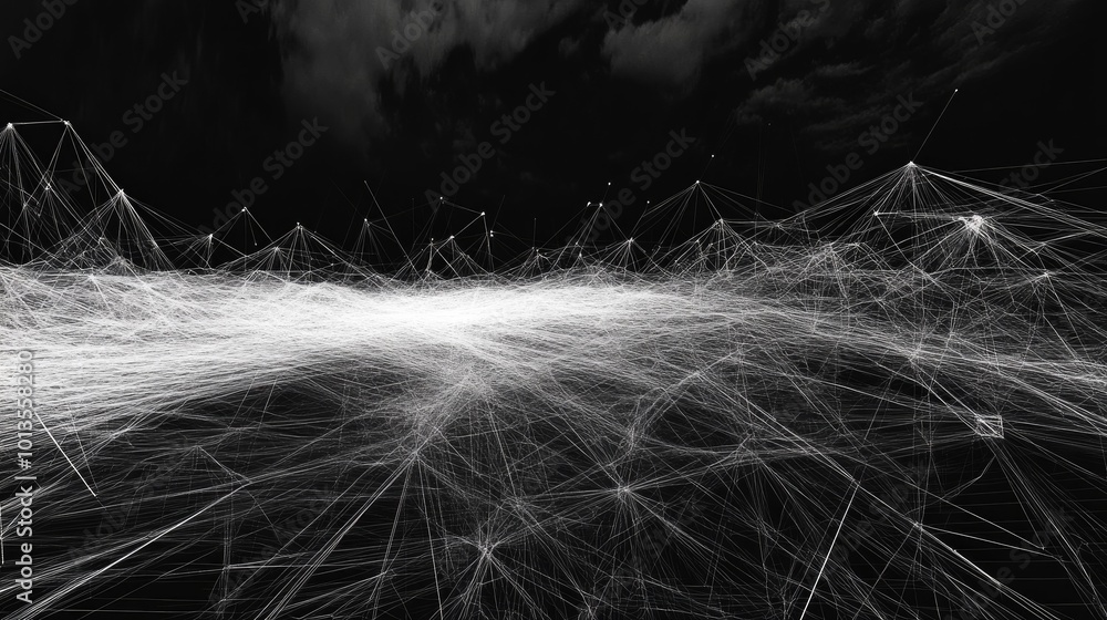 Poster a digital landscape with geometric lines forming a complex web, representing the interconnectedness 