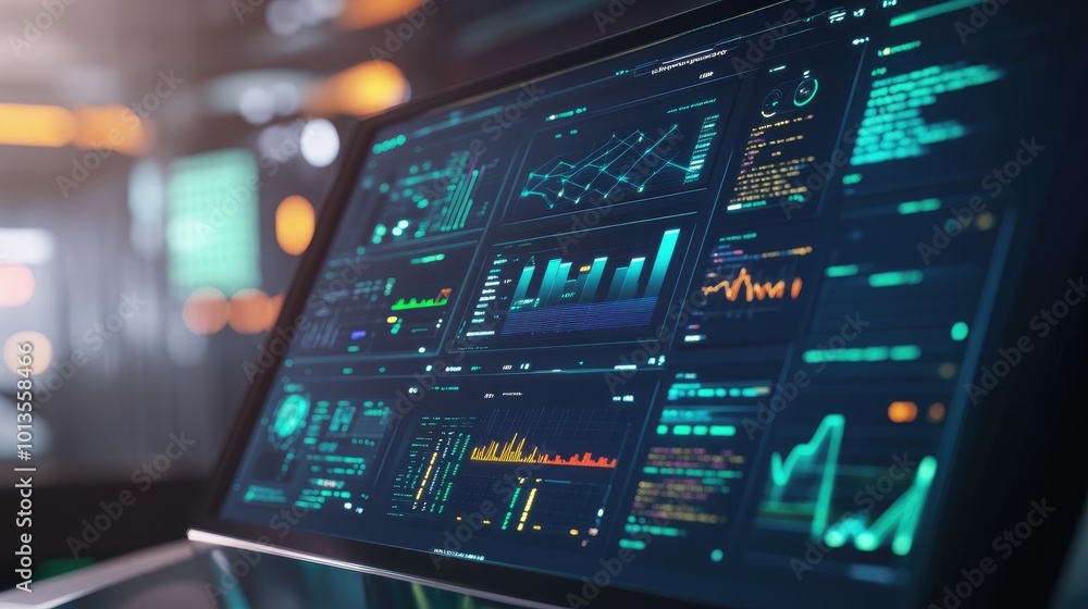 Poster a futuristic dashboard with holographic visuals of a network data flow, cyber security alerts, and r