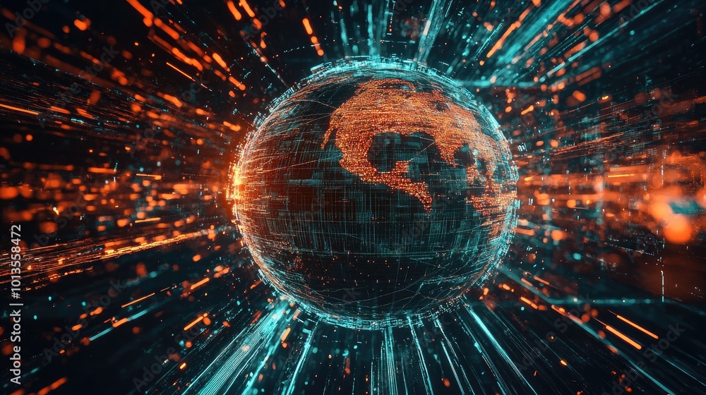 Poster A futuristic 3D hologram showing a globe surrounded by digital data streams, representing a cyber data network in motion.