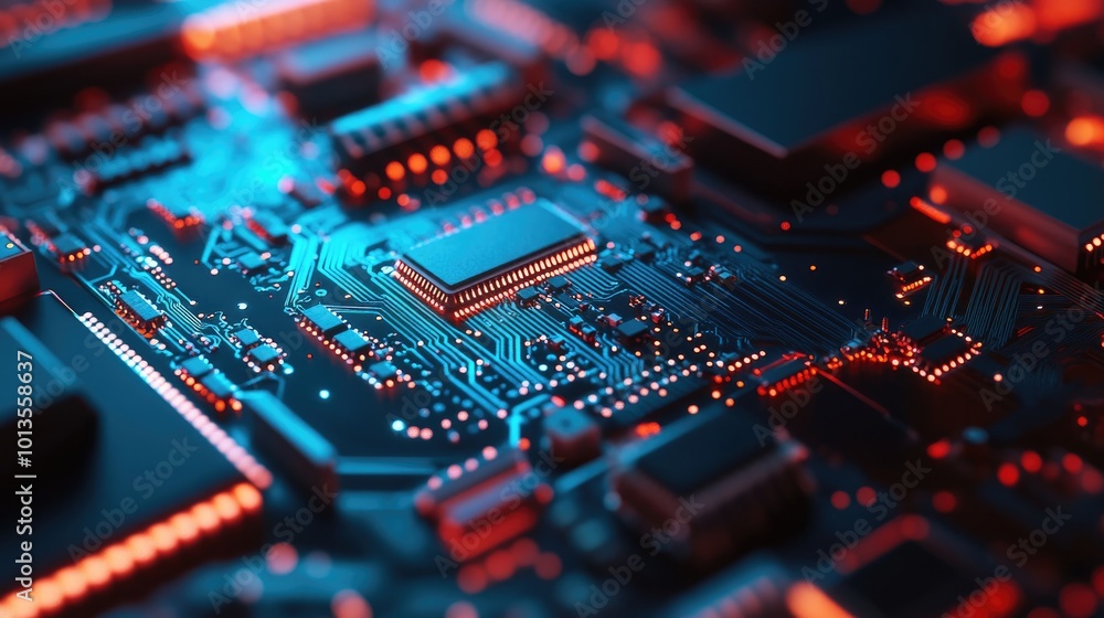 Poster a high-resolution close-up of a circuit board with microchips and intricate wiring, showcasing the c