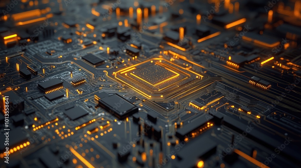 Poster a high-resolution close-up of a circuit board with microchips and intricate wiring, showcasing the c