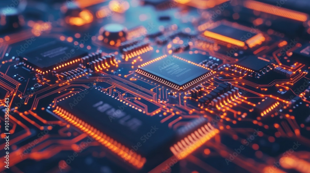Poster a high-resolution close-up of a circuit board with microchips and intricate wiring, showcasing the c