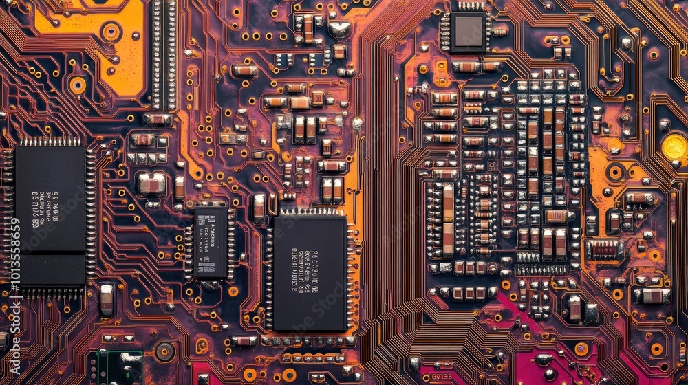 Poster a high-resolution close-up of a circuit board with microchips and intricate wiring, showcasing the c