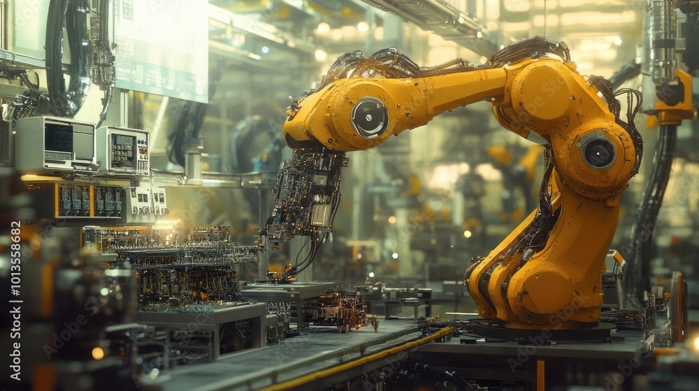 Poster a high-speed robot arm working in a tech factory, assembling electronic components with precision an