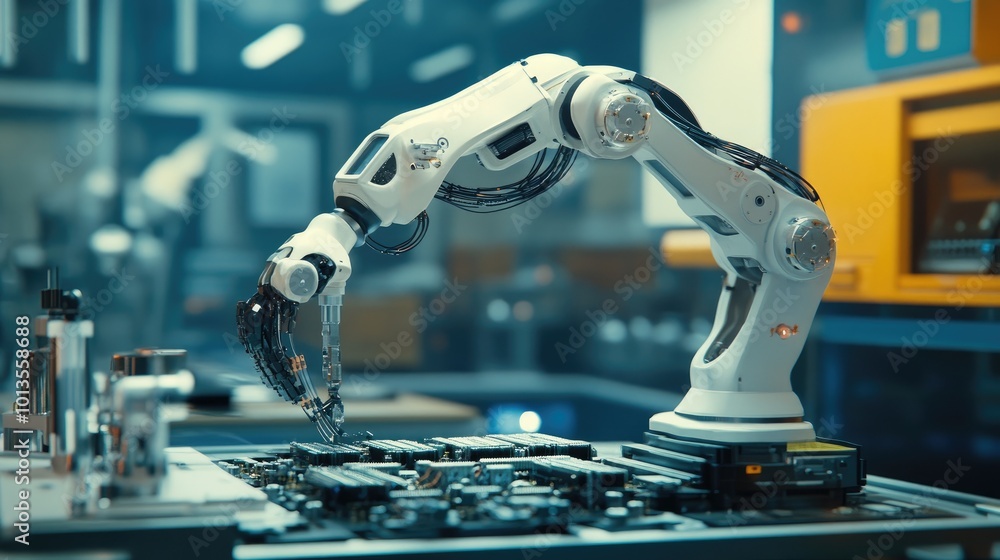 Poster a high-speed robot arm working in a tech factory, assembling electronic components with precision an