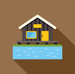 Flat design vector illustration of a wooden bungalow standing on water with long shadow