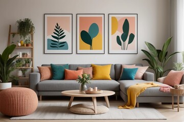 Modern and colorful living room interior with boucle sofa design, posters, table, shelves, plants, decorations and personal items. Elegant home decoration.
