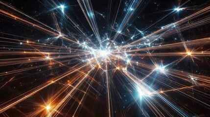 Fototapeta premium A network of crisscrossing light lines on a dark background, symbolizing digital infrastructure and technological advances.