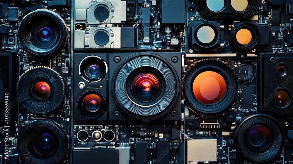 Poster a smartphone camera module, zoomed in to showcase the multiple lenses and sensors used for high-qual