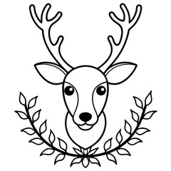 A reindeer head with a wreath around its neck