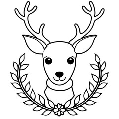 A reindeer head with a wreath around its neck