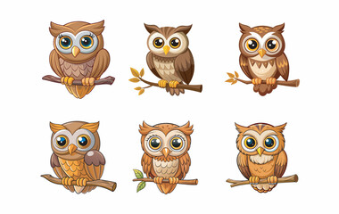 set of owls sitting on a branch Vector Illustration 