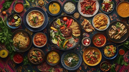 A vibrant, high-resolution image of different global cuisines laid out on a large table, representing cultural diversity and food accessibility on World Food Day.