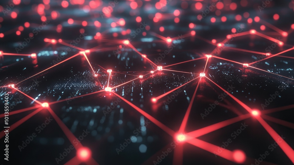 Poster an abstract image of interconnected digital nodes representing a vast cyber network, glowing against