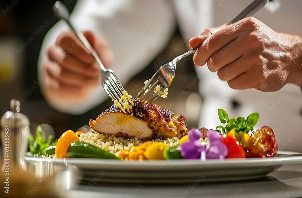 Wall mural chef plating a meal with a fork.