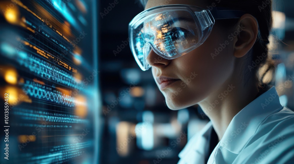 Poster a focused scientist analyzes data on a digital interface, showcasing innovation and expertise in a m