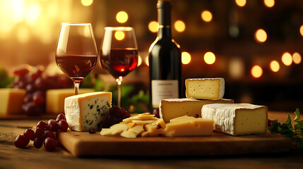 Cheese platter with wine glasses, grapes, and a wine bottle on a wooden table.
