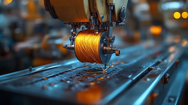 Close-up of a yellow thread spool on an industrial sewing machine. - Powered by Adobe