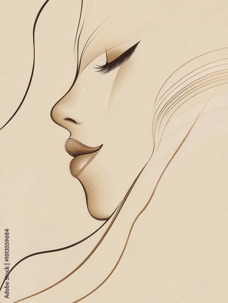 Aufkleber Curved lines intertwine to form the elegant profile of a female face, showcasing tranquility and artistic expression in soft tones. Generative AI