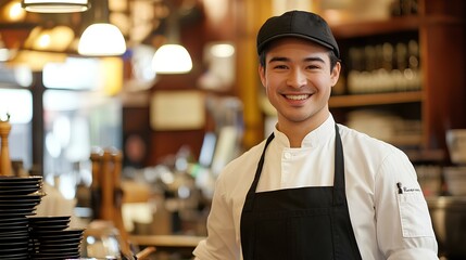 A smiling chef stands in a restaurant kitchen, wearing a chef's coat and hat, showcasing a friendly and inviting atmosphere.