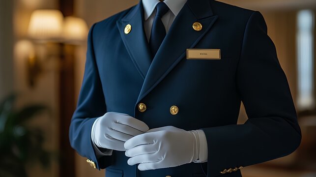 A well-dressed hotel staff member in a formal uniform, showcasing professionalism and attention to detail.