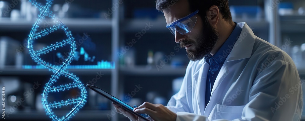 Poster a focused scientist analyzes data on a tablet in a modern laboratory, surrounded by equipment and a 