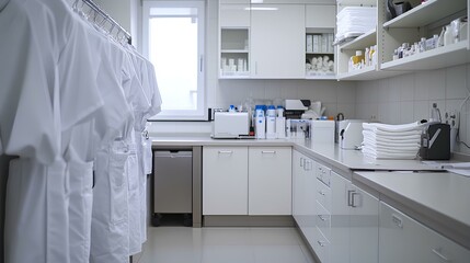 A clean, organized laboratory environment with white coats hanging, shelves filled with supplies, and a bright window.