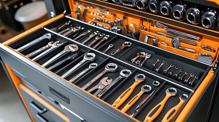A well-organized toolbox filled with various hand tools, showcasing wrenches, sockets, and pliers neatly stored in designated slots.