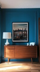 Fototapeta premium Interior Design with a Vintage Touch Modern Mid-Century Cabinet with Framed Cityscape Print