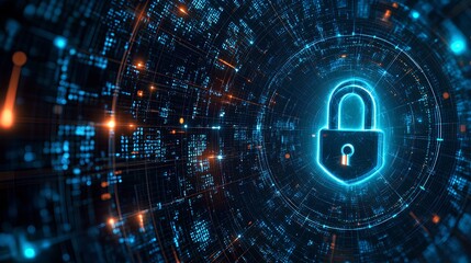 Obraz premium A digital lock symbol surrounded by glowing data streams, representing cybersecurity and data protection in a futuristic setting.